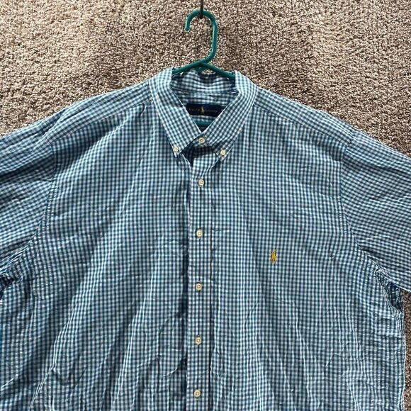 Ralph Lauren Shirt Adult 2XB Blue White Check Cotton Button Up Yellow Pony Logo - Picture 3 of 13